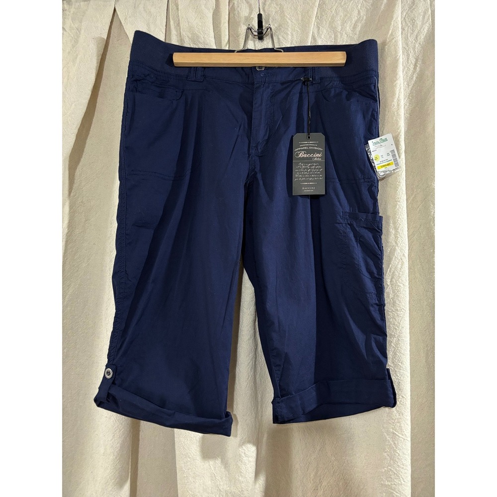 Baccini Women Navy Blue Cargo Capri Pants Size 8 NWT‎ Stretch Cotton Cuffed Hem